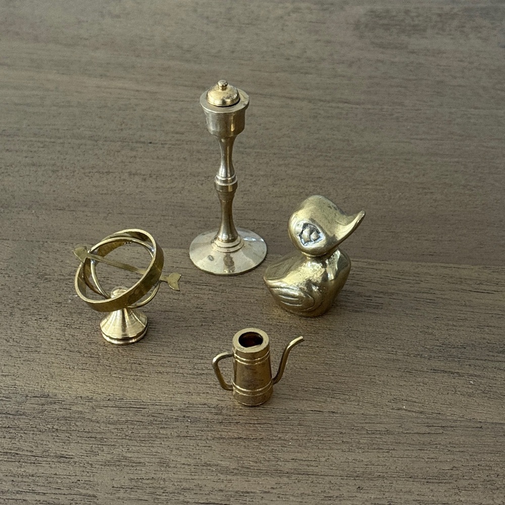 Brass Miniature Set – Duck, Candlestick, Armillary Sphere, and Watering Can